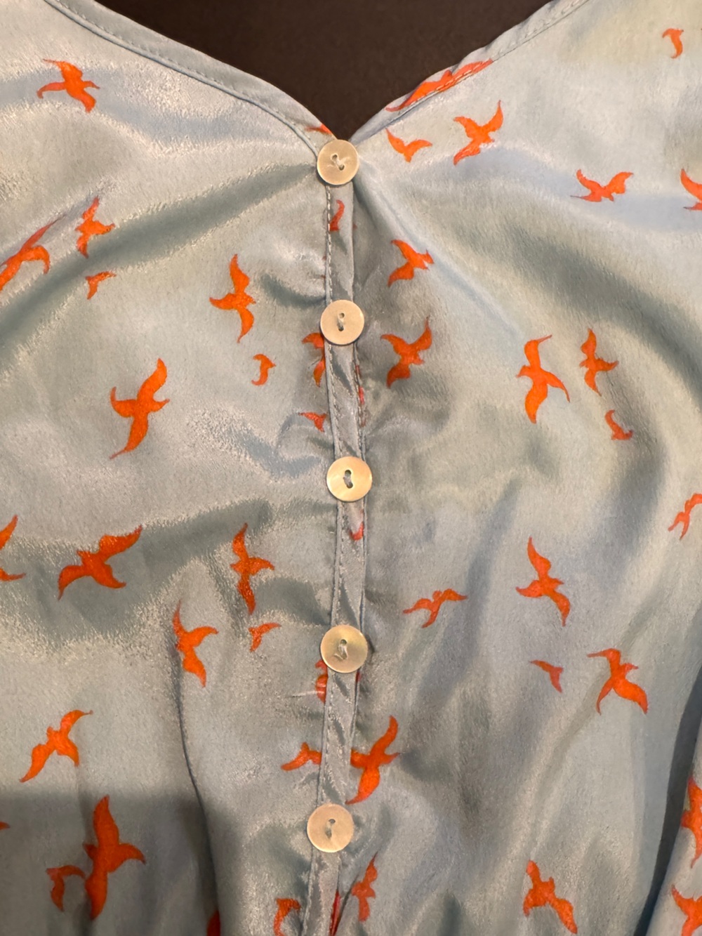 Olive & Oak Light Blue Sleeveless V-Neck Mini Dress with Orange Bird Print - Picture 7 of 10